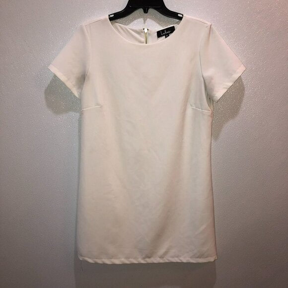 Lulus Medium Ivory Short Sleeve Zip Back Short Mini Shift Dress Size M USA Made - Picture 5 of 9